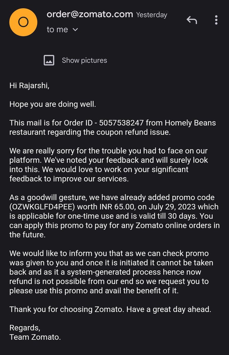 CaptAvenger007's tweet photo. @zomato cheats customers with their gold membership. I was charged a delivery fee on an order whose amount exceeded Rs 199. They refused to return the Rs 65 delivery charge by the original payment method and provided a useless coupon code. #fraud #Zomato #cheat https://t.co/QXoBAtEihS