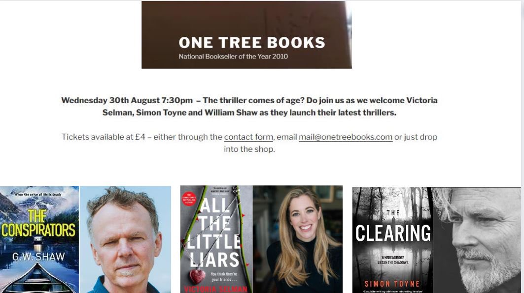 Victoria Selman (@victoriaselman) on Twitter photo 📣Date for your diaries!
I’ll be <a href="/_onetreebooks/">One Tree Books</a> on 30th August signing books and discussing the dark art of murder (in fiction!) with <a href="/william1shaw/">William Shaw</a> + @simontoyne
Do join us!
🎟️ onetreebooks.com 📣Date for your diaries!
I’ll be <a href="/_onetreebooks/">One Tree Books</a> on 30th August signing books and discussing the dark art of murder (in fiction!) with <a href="/william1shaw/">William Shaw</a> + @simontoyne
Do join us!
🎟️ onetreebooks.com