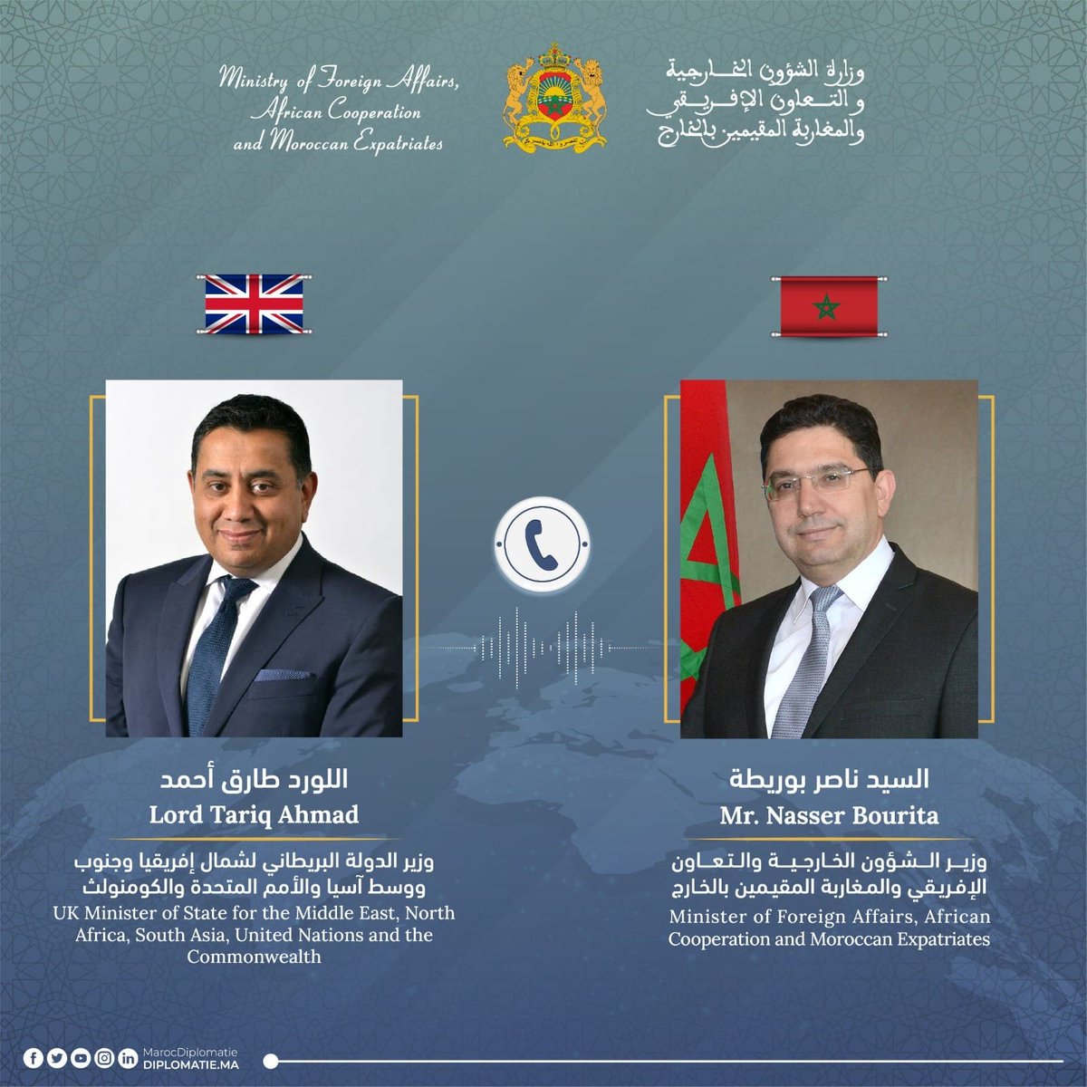 MarocDiplo_AR's tweet photo. تلقى السيد ناصر بوريطة، اليوم، اتصالاً هاتفيا من وزير الدولة البريطاني لشمال إفريقيا وجنوب ووسط آسيا والأمم المتحدة والكومنولث، اللورد طارق أحمد.
@tariqahmadbt
@JamesCleverly https://t.co/H1xM20egoB