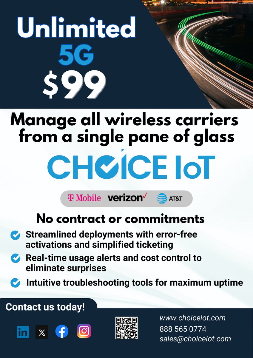 ChoiceIoT's tweet photo. Seamless #IoTConnectivity with our new Unlimited #5G plan for $99! Manage all wireless carriers from a single pane of glass. 
#IoT #FWA #5gsim #datasim #unlimiteddata #iotsim #verizon #tmobile #choiceiot https://t.co/XWo79xIUGc