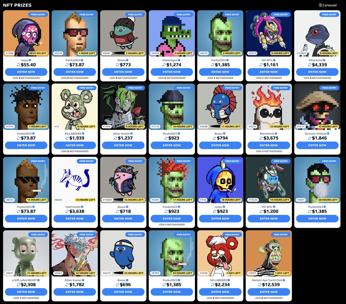 MetaWin's tweet image. Starting Now!  27 FREE NFTS from MetaWin, 1 per hour.  26 $ETH in total value.  Get your free entry at: metawin.com

Which is your favorite project here?  We'll make it rain for a few of you.. Make sure to RT.