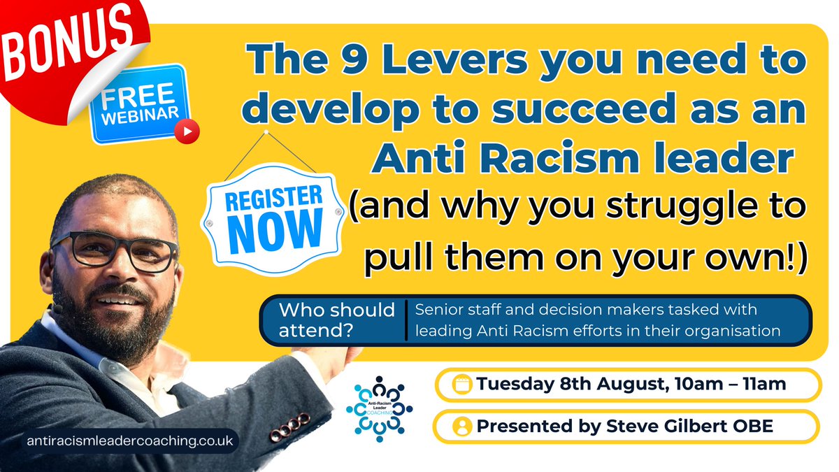 📌ATTENTION Senior staff and decision makers tasked with leading Anti Racism efforts in their organisation📌 ⏰Tuesday 8th August 10am-11am⏰ 🔗Register here: antiracismleadercoaching.co.uk/webinar-6-the-…🔗 🚨Have you been tasked with leading Anti-Racism efforts, but don't feel confident or