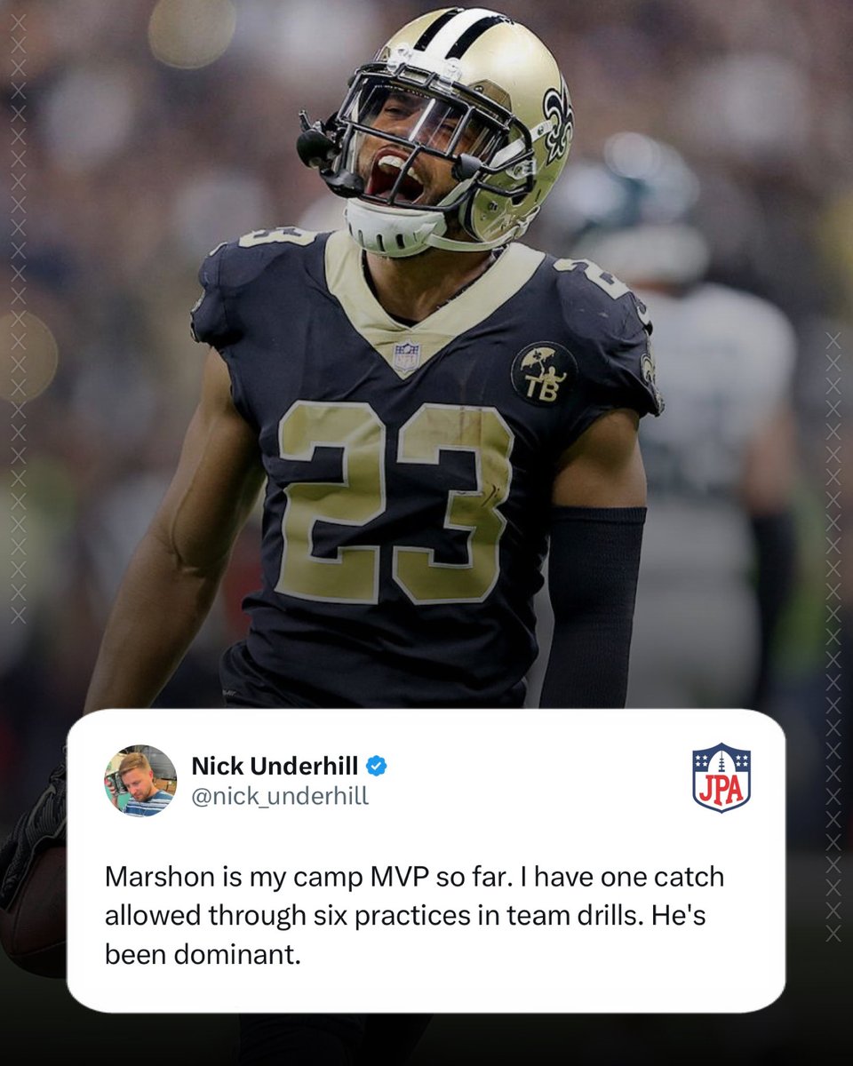 jasrifootball's tweet photo. For all the hype receivers are getting in training camp..this NEEDS to be highlighted.

1 catch allowed in 6 practices is wild 🤯

#Saints CB Marshon Lattimore has been locking it down this summer. https://t.co/ZZ7ejSOaOH