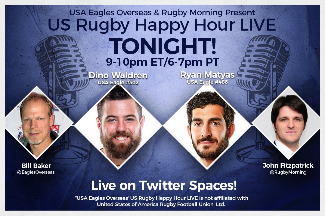 We're LIVE tonight with Ryan Matyas and Dino Waldren on US Rugby Happy Hour LIVE. Join us at the pub table, we're having a little chat about their careers, state of rugby in the states, and much more. #TwitterSpaces ⏰ TONIGHT, 9:00pm ET/6:00pm PT 📱twitter.com/i/spaces/1kvKp…