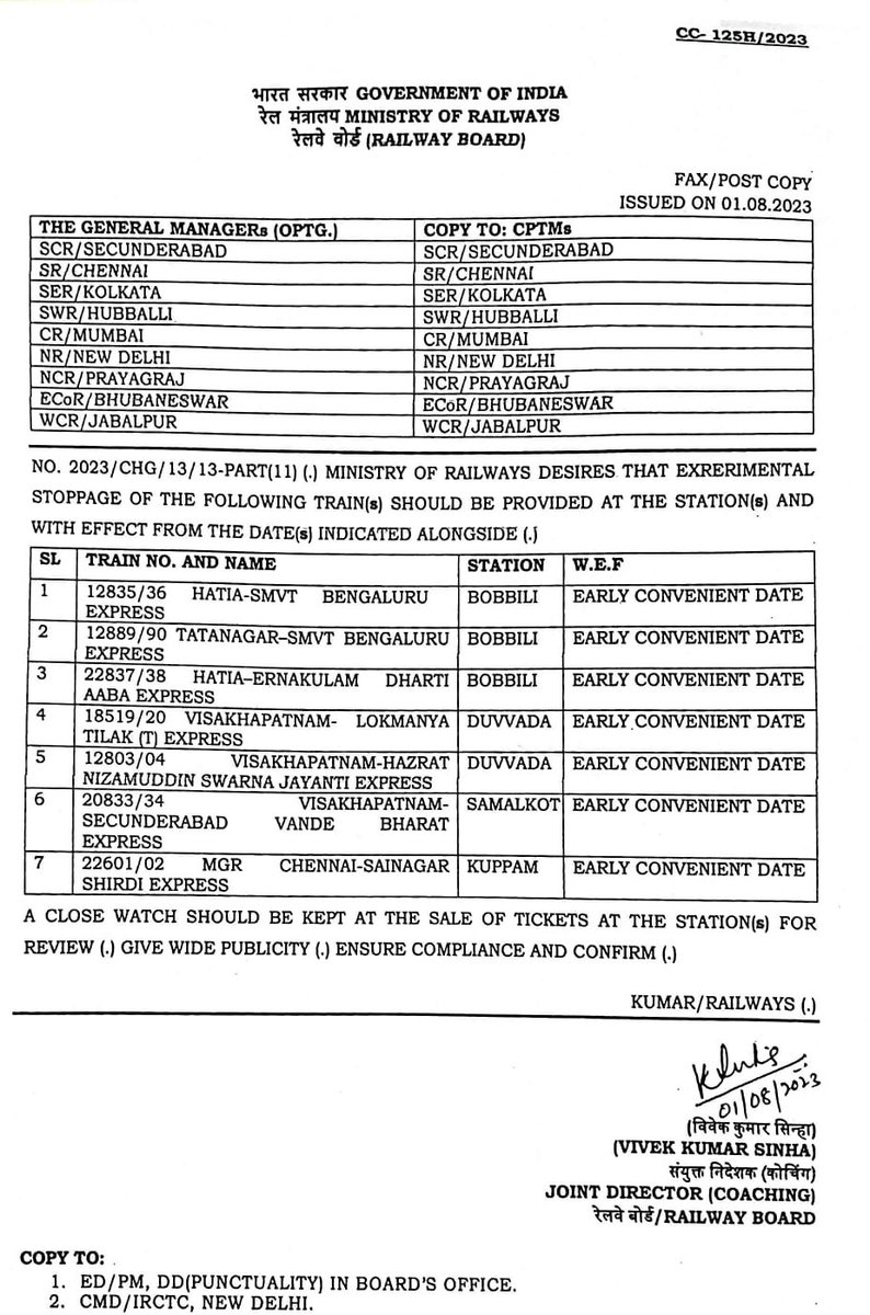 ecor_railfans's tweet photo. Ministry of Railways @RailMinIndia
provides stoppage for the below-mentioned trains including VSKP SC VSKP #vandebharatexpress too on an experimental basis.
#ECoRUpdates https://t.co/ItZJV63edO