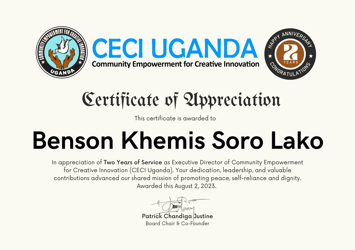 CECIuganda's tweet photo. 🎉🎂 Happy 2nd Anniversary to our Executive Director, Benson Khemis Soro Lako! Your dedication, leadership, and valuable contributions advanced our shared mission of promoting peace, self-reliance and dignity. Here's to many more years of making a difference together! #leadership https://t.co/O4gxQjtVjm