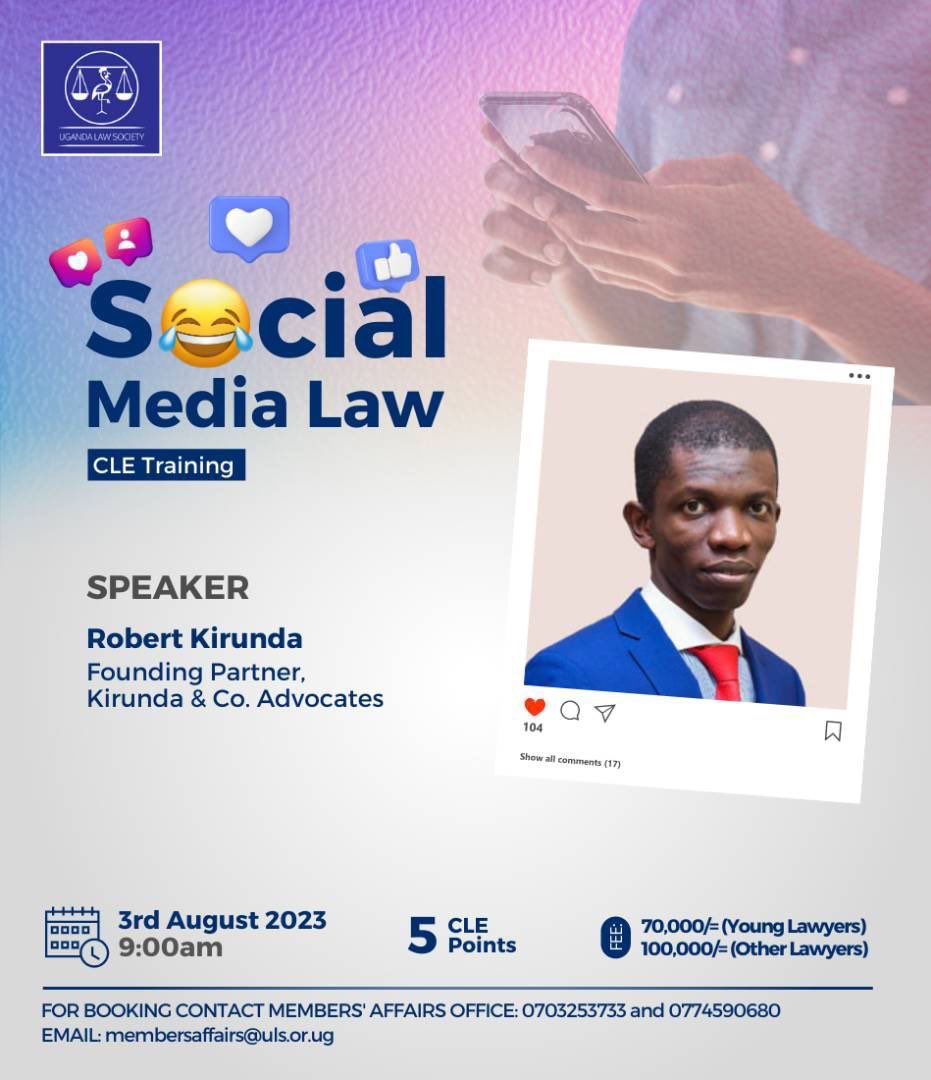 KCA_23's tweet photo. Our Founding Partner @RKirunda shall be speaking at the @ug_lawsociety social media training tomorrow.

This is a great opportunity for lawyers to understand the legal implications of the rapid and widespread growth of the use of social media. https://t.co/AWwWOQ2U5j
