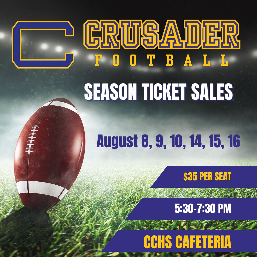 SteubCatSchools's tweet photo. Crusader Football season ticket  sales will be held in the CCHS cafeteria from 5:30pm - 7:30pm on the following dates: August 8,9,10,14,15 &amp;16. August 10 will be part of Back to School Rally! https://t.co/qvCBuWxLcd