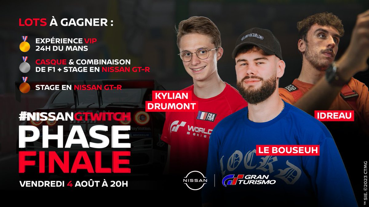 On se retrouve le 4 août sur Twitch pour la phase finale de la GTwitch Academy avec <a href="/nissanfrance/">Nissan France</a> 🏎️👀

Au programme : <a href="/LeBouseuh/">LeVraiBouseuh</a>, <a href="/KylianDrumont/">Kylian_19</a> et moi essayeront de battre ceux qui se sont qualifiés sur le #NissanGTwitch pour vous faire gagner de nombreux lots dans le chat ! 🔥