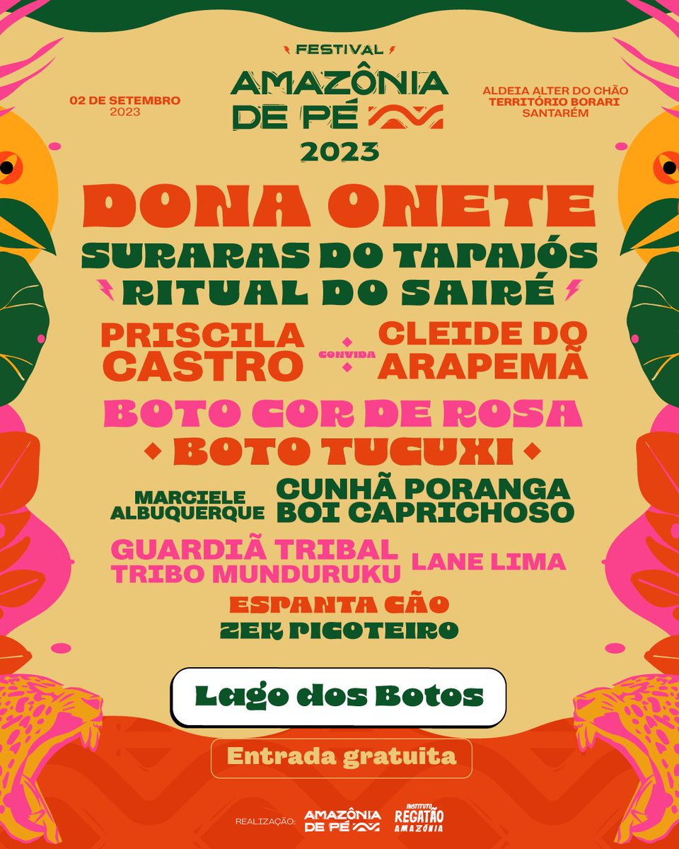 regataoamazonia's tweet photo. Alô comunidade! 🌳🚣🏹
Chegou a programação completa do Festival Amazônia de Pé, no Lago dos Botos, Território Borari, Aldeia Alter do Chão, em 02 de set.

Serão shows e performances cênicas gratuitas que marcam a identidade cultural dos nossos Rios da Amazônia. ✊🏾 https://t.co/1PQz0tJB77