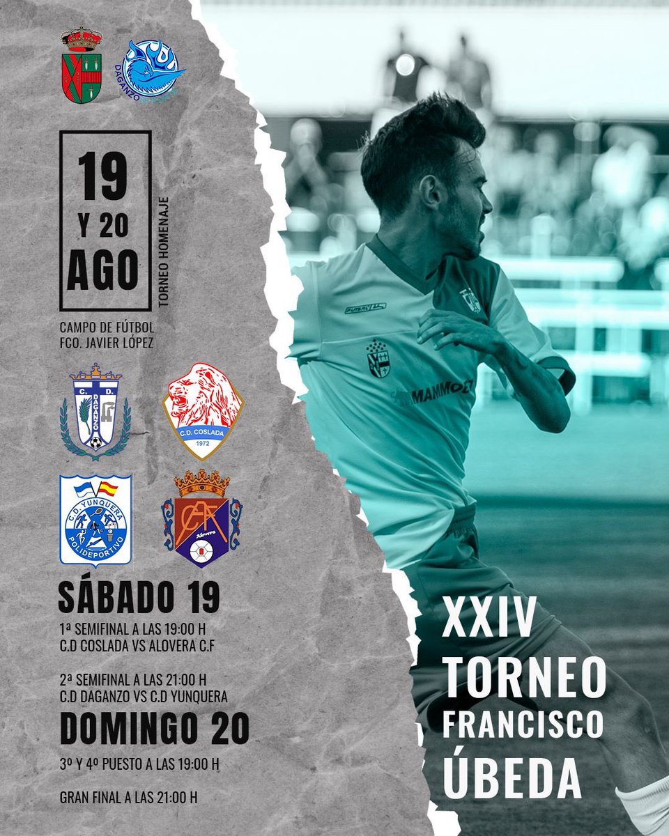 CD Daganzo (@cddaganzo) on Twitter photo XXIV TORNEO FRANCISCO ÚBEDA:
19 y 20 de agosto llega nuestro magnífico torneo Francisco Úbeda en el que este año contaremos con magníficos equipos:
@cddaganzo
<a href="/cd_yunquera/">C.D. Yunquera 💙🤍🇨🇬</a>
@cd_coslada
@cfalovera
📸 <a href="/javi_albors/">Javi Albors</a>
@balon_tierra <a href="/BorjaCasado/">Borja Casado López</a> XXIV TORNEO FRANCISCO ÚBEDA:
19 y 20 de agosto llega nuestro magnífico torneo Francisco Úbeda en el que este año contaremos con magníficos equipos:
@cddaganzo
<a href="/cd_yunquera/">C.D. Yunquera 💙🤍🇨🇬</a>
@cd_coslada
@cfalovera
📸 <a href="/javi_albors/">Javi Albors</a>
@balon_tierra <a href="/BorjaCasado/">Borja Casado López</a>