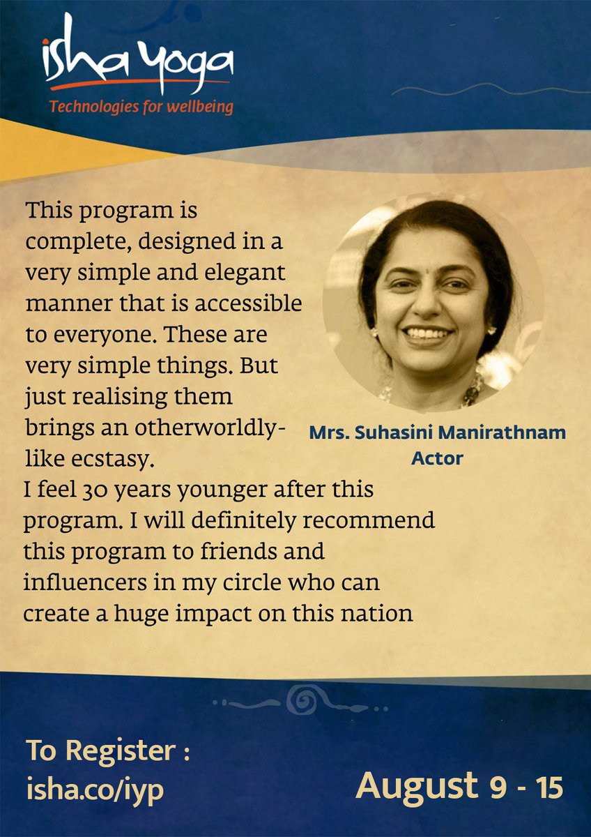 KeethuSundaram's tweet photo. The first step towards the most profound experiences is this 'Isha Yoga Program'! 😇🌸
A program which cannot be described or put a price tag is now widely available across Tamilnadu from Aug 9 - 13 🙏🏼
https://t.co/rZnsfSh4F7
#TechnologiesForWellbeing
#ConsciousPlanet https://t.co/4YfcFZrkPq