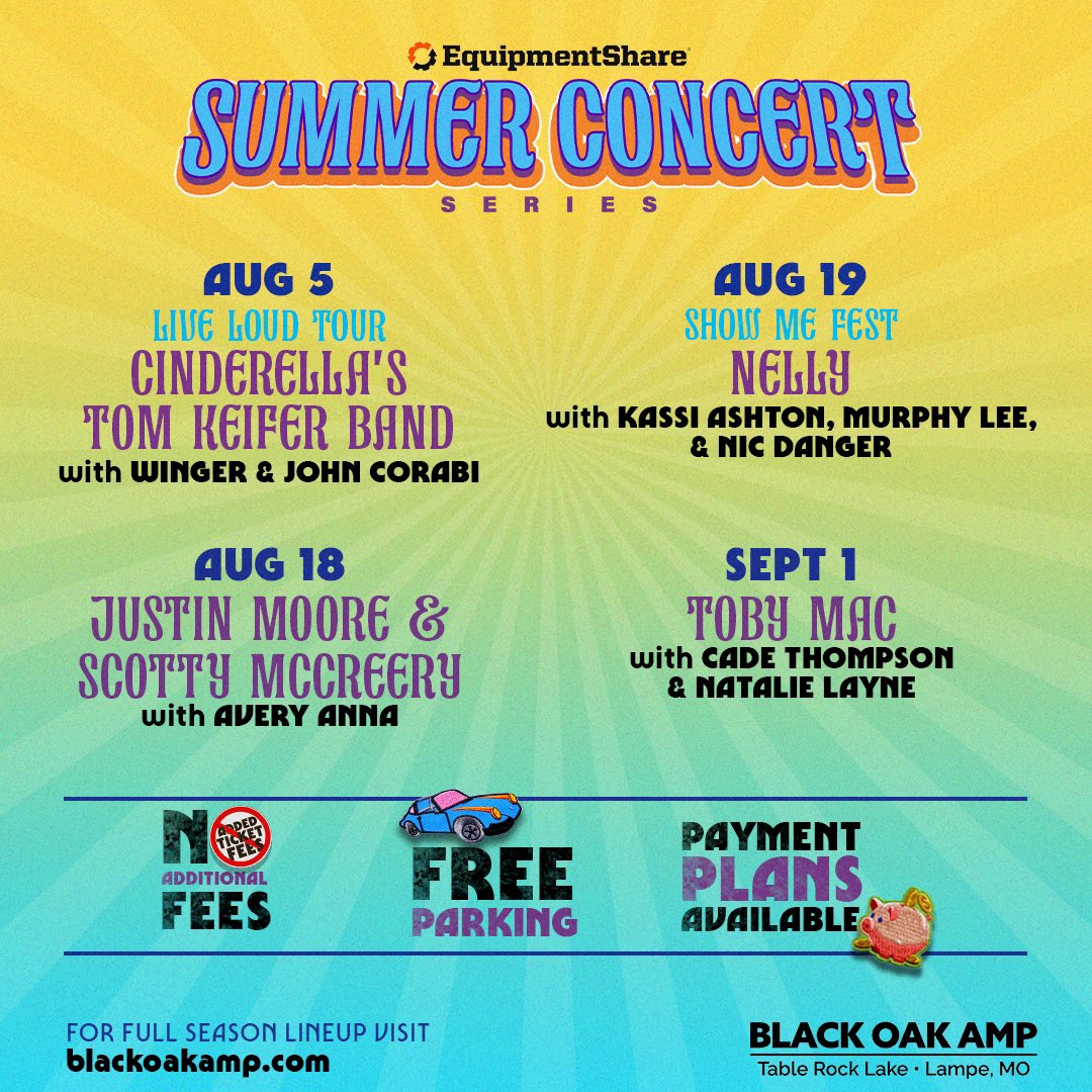 COMING SOON 💥 Make every moment count this summer by getting your tickets to our upcoming shows while supplies last at blackoakamp.com!