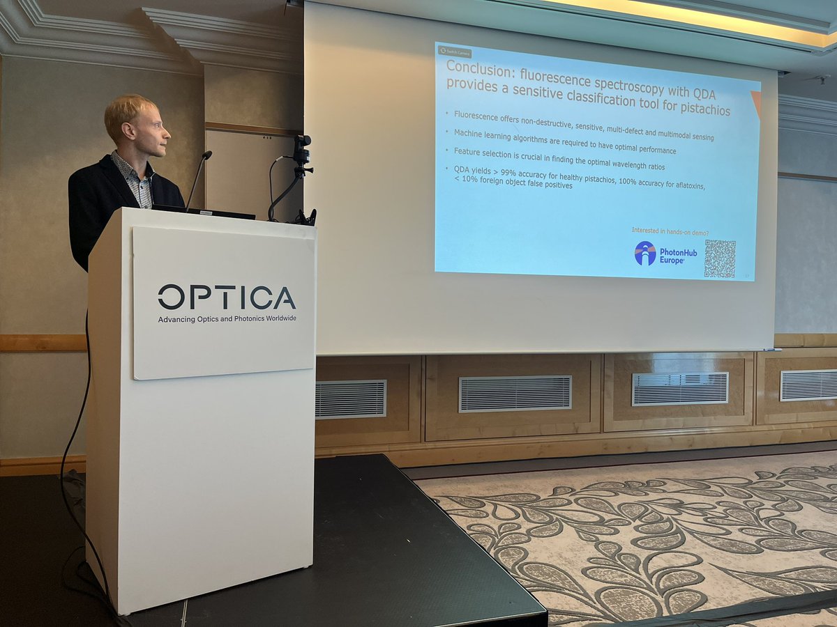 Great opportunity to highlight our B-PHOT spectroscopy research, and its application for food quality and safety,  at the OPTICA Sensing Congress. Many thanks to PhotonHub Europe for supporting these industry-oriented projects, boosting industrial innovation #OpticaSensing23