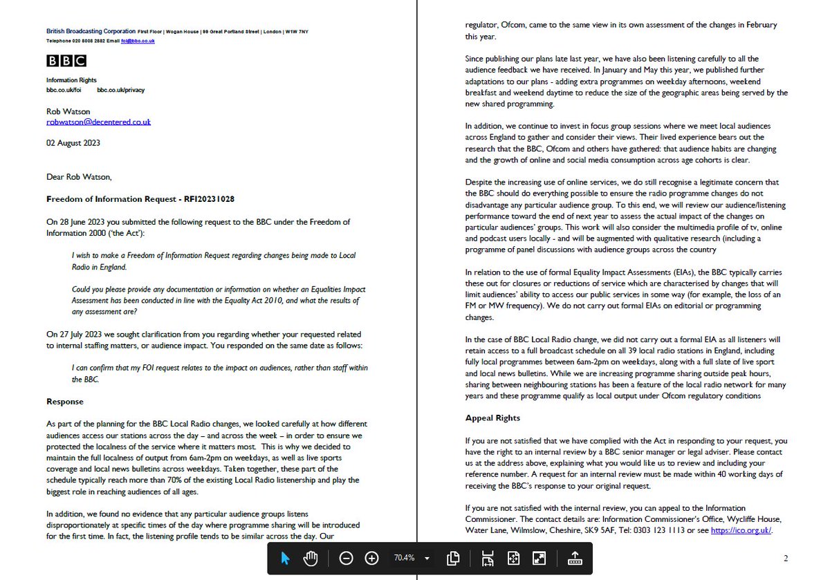 decenteredmedia's tweet photo. In answer to the question, did @bbc conduct an Equality Impact Assessment before making changes to @BBCLOCALRADIO the answer is no, but they will review the impact on specific audience groups next year @Foxpodder @LucyMPowell @dcms @Ofcom @CommonsCMS @LordsCommsCom https://t.co/F0UejVtqmP
