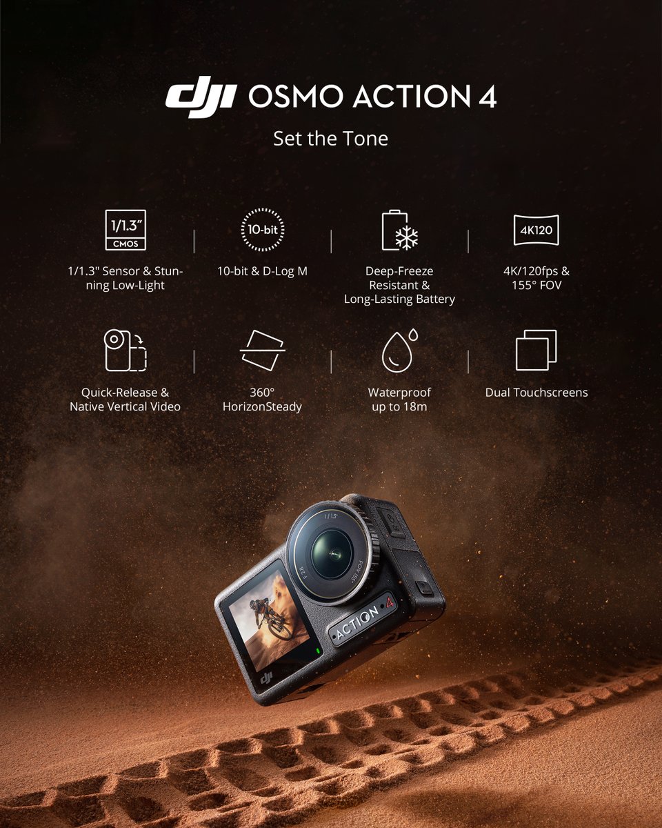DJIGlobal's tweet photo. Set the tone with Osmo Action 4 💪
✅ 10-bit &amp; D-Log M
✅ 360º HorizonSteady
✅ 1/1.3" Sensor &amp; stunning low-light capabilities

Set the tone: https://t.co/6IH7yI8Fpi https://t.co/jmPPoPYS4z