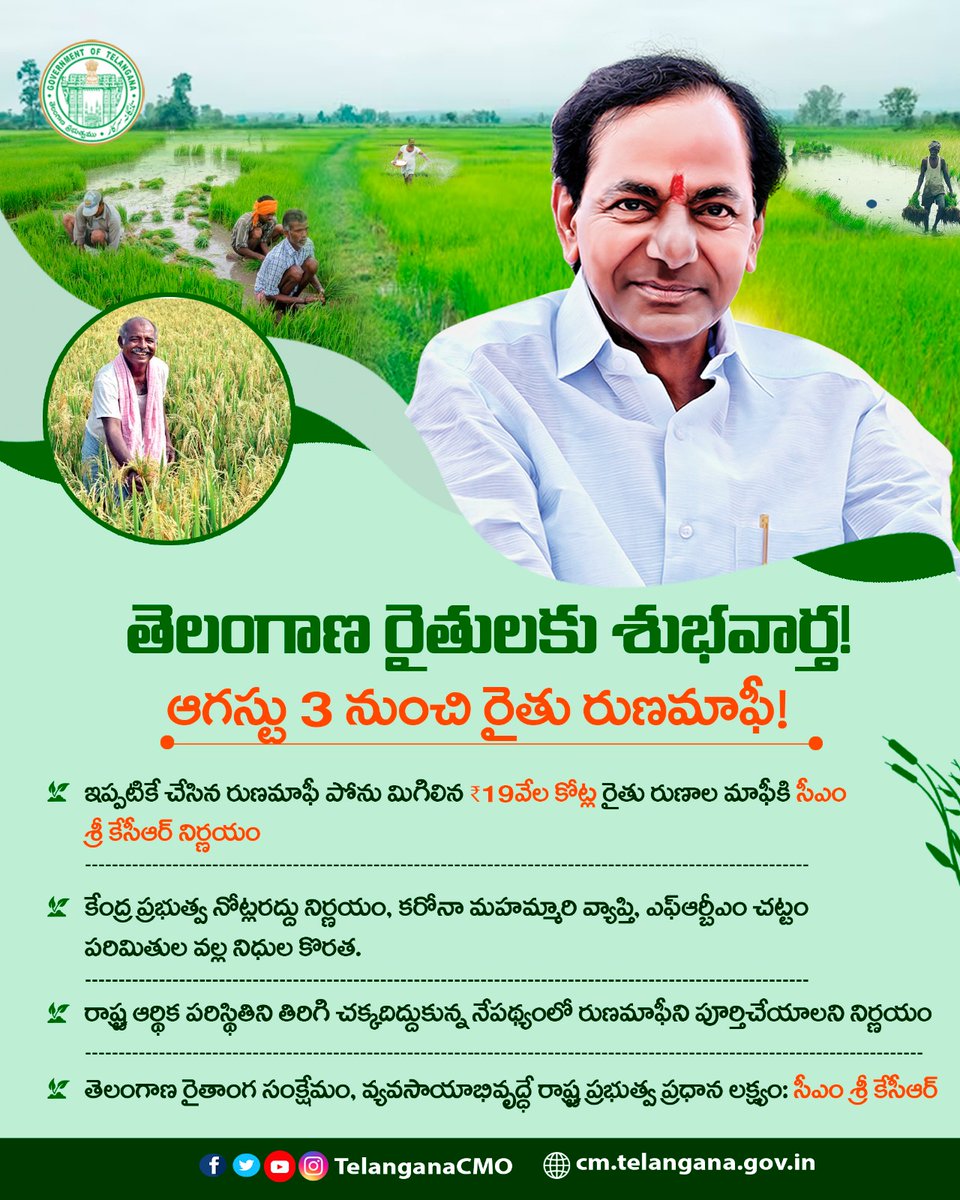 TelanganaCMO's tweet photo. తెలంగాణ రైతులకు శుభవార్త...

రైతు రుణమాఫీ కార్యక్రమాన్ని రేపటి (ఆగస్టు 3) నుంచి పున:ప్రారంభించి, పూర్తిచేయాలని ముఖ్యమంత్రి శ్రీ కె. చంద్రశేఖర్ రావు నిర్ణయించారు. ఇప్పటికే చేసిన రుణమాఫీ పోను మరో ₹19 వేల కోట్ల రుణాలను మాఫీ చేయనున్న తెలంగాణ ప్రభుత్వం. https://t.co/3v4Q5hZJbu