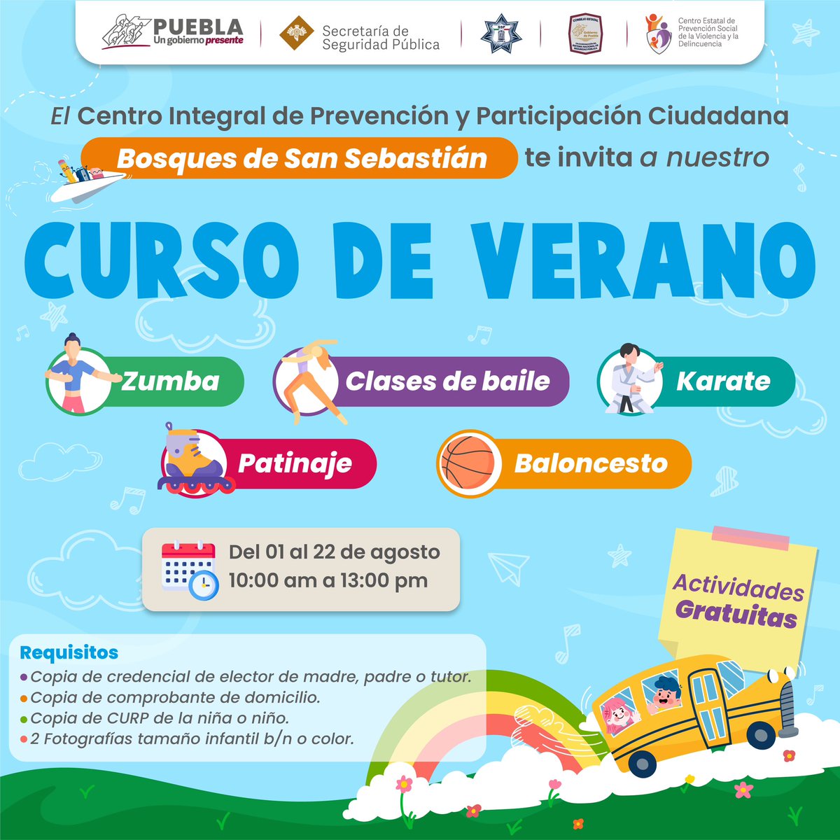 CECSNSPue's tweet photo. ¡Ya inició el curso de verano en el #CIPPC Centro Integral de Prevención y Participación Ciudadana de Bosques de San Sebastián! 🏀🪁
🧒👦 Descubre las actividades recreativas que tenemos preparadas para tus hijos e hijas.
🗓️ Del 1 al 22 de agosto.
🕛 10:00 a 13:00 horas. https://t.co/EWnmHOMEAp