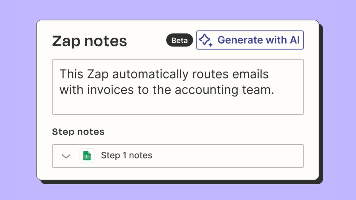 Add an extra layer of detail to your Zaps with Notes. 📝 🚀 Make collaborating on Zaps more efficient by using Notes to give your team the context they need. ⏰ Generate Zap-level Notes quickly by using the power of AI to create a Zap description for you. Available now. 🙌🏽