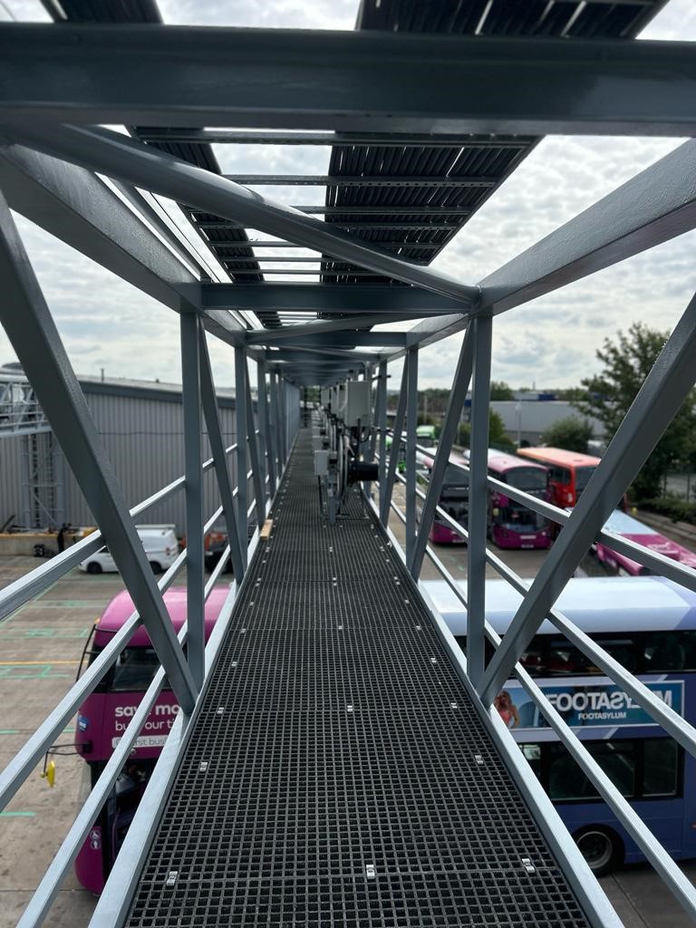 J B Langley are thrilled to see the progress made on all 4 of the gantries installed at @FirstGroupplc . The electric install is also coming along nicely! 👏 All made possible with a great design team! Janus Architecture, Heliox, @Vextrix & Brookes Contracting. 🤝