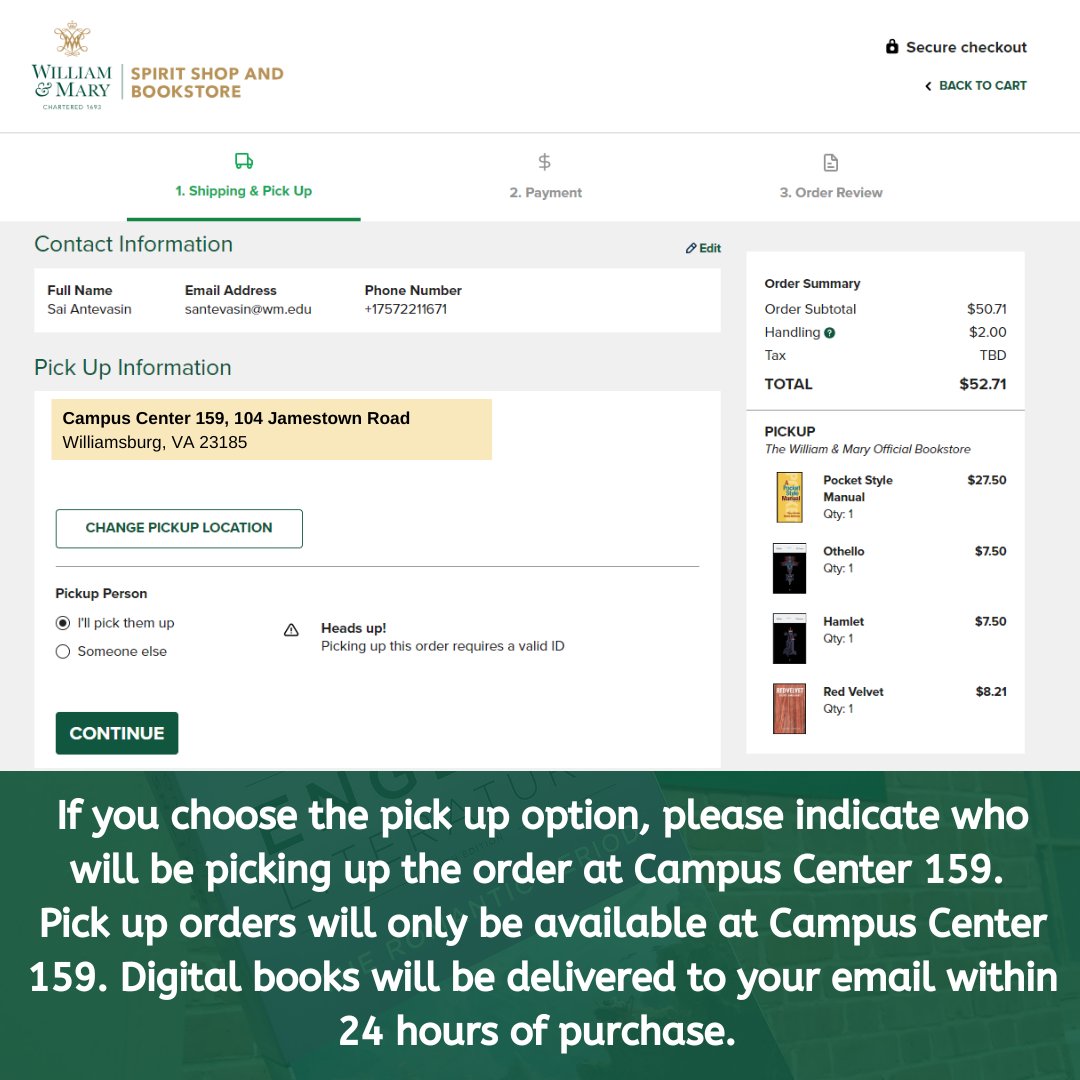 WMbookstore's tweet photo. No textbooks will be available for pick up prior to August 18th as we do not have the space for them in our retail store. If you are in need of your books prior to this date, please email wmweborder@wm.edu to coordinate your pick up or shipping. [2/3] https://t.co/bQBrJKCjLZ