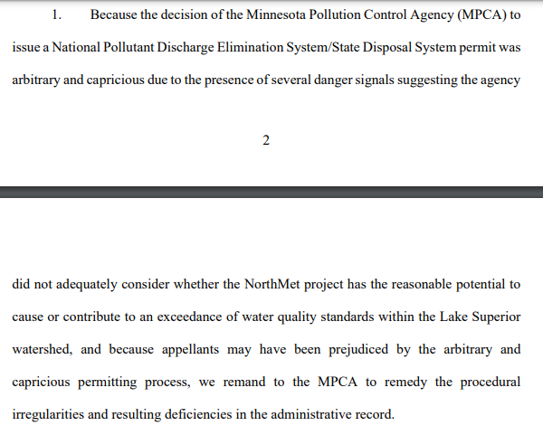 walkerorenstein's tweet photo. NEW: The MN Supreme Court rules a key water permit granted by the MPCA to PolyMet (now NewRange) was "arbitrary and capricious" and suggests the agency may not have adequately considered whether the copper-nickel project has the reasonable potential to break water standards. https://t.co/VzgxxoFZE3