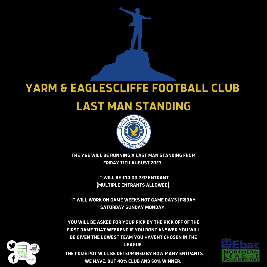 🦅 Last Man Standing 🦅

It's that time again <a href="/premierleague/">Premier League</a> starts soon, we are running a last man standing. 

Message <a href="/Ashley_fox532/">AF</a> or <a href="/camwild/">Cameron Wild</a> or any of our social media platforms to enter. 

Hopefully we get a load of people on board for a BIG prize pot!! 

#UTYAE #LMS ⚽