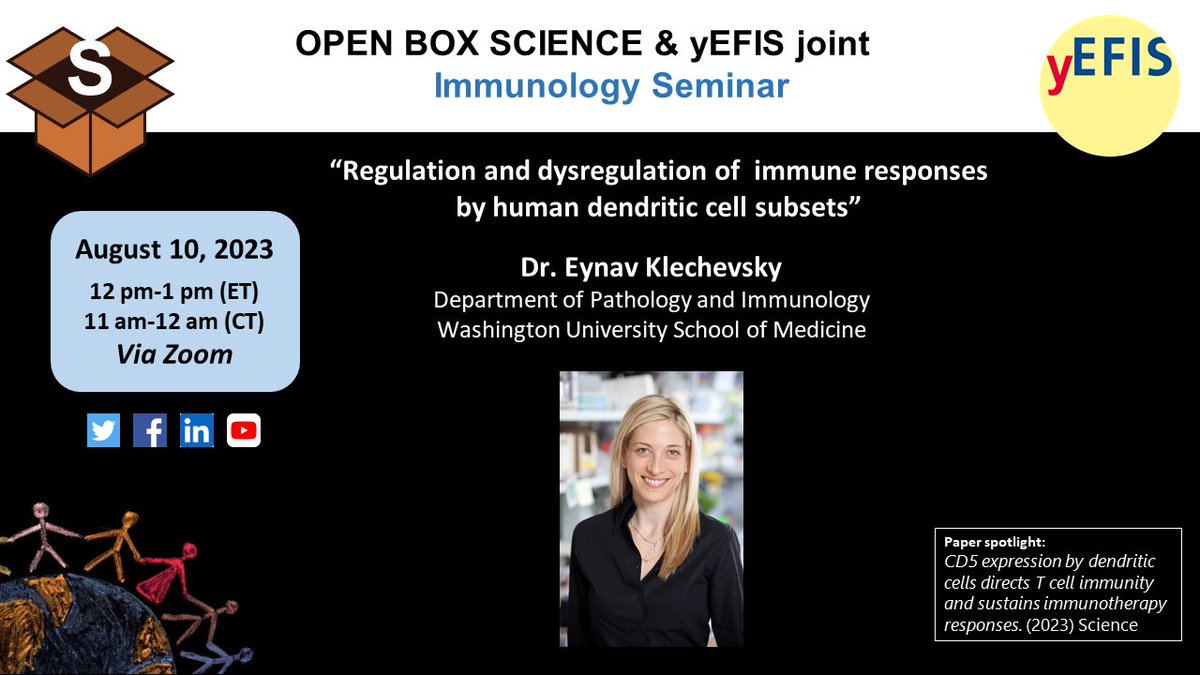 yEFIS-OBS joint #Immunology Seminar
<a href="/y_efis/">yEFIS</a>

📅  Thu, August 10, 12 pm ET-18h CET
📌 Dr. Eynav Klechevsky <a href="/klechevskyLab/">Eynav Klechevsky</a> <a href="/WUSTLImmuno/">WUSTL Immunology</a>
Moderator <a href="/ChristinaNiavi/">Christina Niavi, PhD candidate & Laney Fellow</a> <a href="/EmoryUniversity/">Emory University</a>

👉 Register:
us02web.zoom.us/meeting/regist…