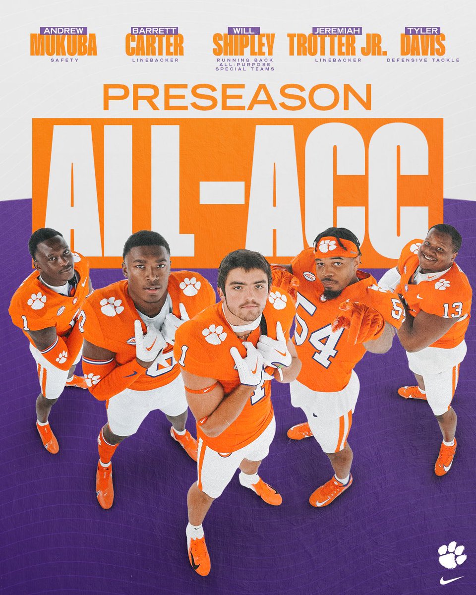 Led by Will Shipley’s selections in three different categories, five Clemson players combined for a conference-high seven Preseason All-ACC selections on Wednesday. 📰: clemsontigers.com/five-clemson-s… 🏆: clemsontigers.com/2023-preseason…