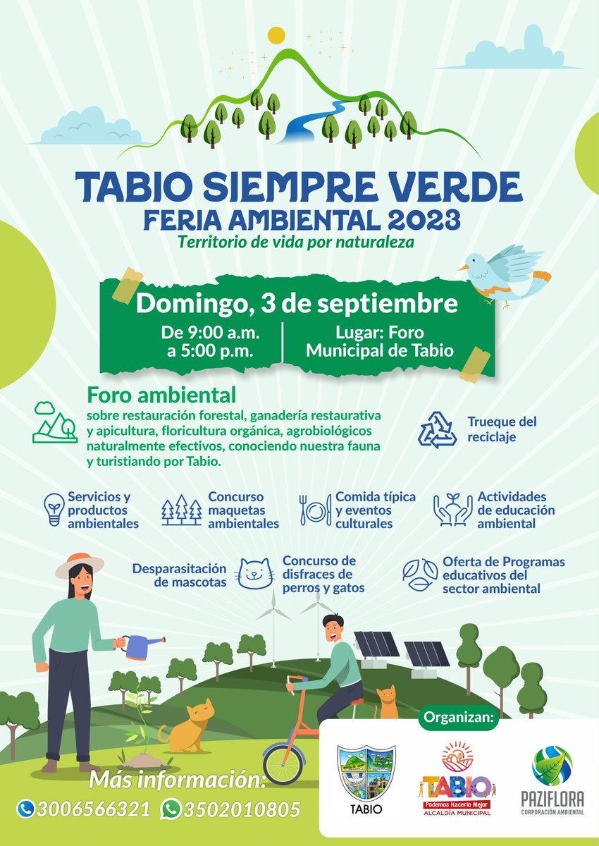 Ya viene nuestra Feria ambiental 2023! Prepárate para participar en las diferentes actividades que tenemos para toda la comunidad...

#FeriaAmbientalTabio2023