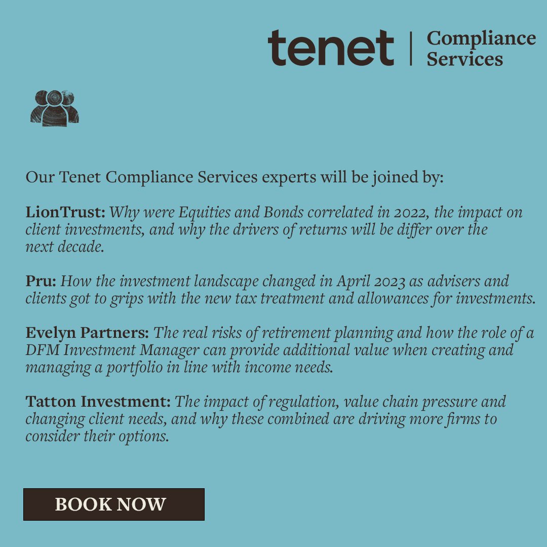 We are delighted to announce that Tenet Compliance Services will host a series of Investment &amp; Regulatory Roadshows, across the UK this September.

Our experts will be hosting a jam-packed session, followed by a networking lunch. Book for free today 👇

bit.ly/43MWsVT