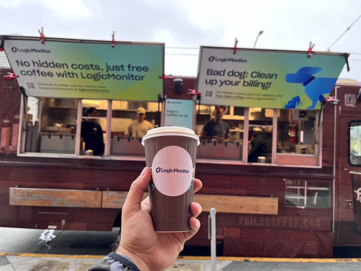 LogicMonitor's tweet image. Get your daily dose of ☕ at #DASH2023 with a complimentary cup of @PhilzCoffee courtesy of #LogicMonitor! No hidden fees, just pure deliciousness! 🙌🔥 4th and Howard, see you there!