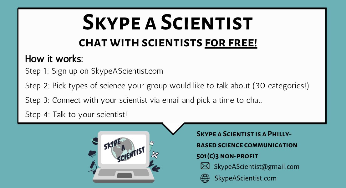 Sarah McAnulty, Ph.D (@sarahmackattack) on Twitter photo It's that time of year!!
Time to help <a href="/SkypeScientist/">Skype A Scientist</a> by telling every teacher, librarian, troop leader, etc you know...
Skype a Scientist's Fall 2023 enrollment is OPEN!
Sign up here bit.ly/EnrollFall2023
We rely on word of mouth to grow, so this action is critical for us! It's that time of year!!
Time to help <a href="/SkypeScientist/">Skype A Scientist</a> by telling every teacher, librarian, troop leader, etc you know...
Skype a Scientist's Fall 2023 enrollment is OPEN!
Sign up here bit.ly/EnrollFall2023
We rely on word of mouth to grow, so this action is critical for us!