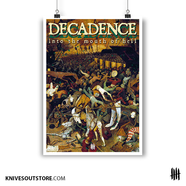 DECADENCE "Into The Mouth Of Hell"
Cardboard poster
32cm x 45 cm 
12,6" x 17,7"
decadence.knivesoutstore.com #decadence

#furyedge #knvz #knivesoutrecords #edgemetal #vegan #arkangel #sentence #poster #affiche #hxc