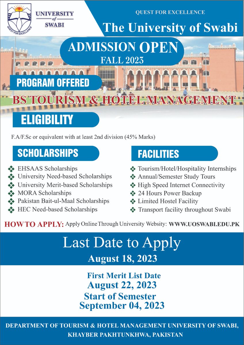 imabrarkhan's tweet photo. Admissions are open in 𝐁𝐒 𝐓𝐨𝐮𝐫𝐢𝐬𝐦 &amp; 𝐇𝐨𝐭𝐞𝐥 𝐌𝐚𝐧𝐚𝐠𝐞𝐦𝐞𝐧𝐭 #UniversityOfSwabi.
Candidates who have passed their Intermediate or 𝙖𝙬𝙖𝙞𝙩 𝙩𝙝𝙚𝙞𝙧 𝙞𝙣𝙩𝙚𝙧𝙢𝙚𝙙𝙞𝙖𝙩𝙚 𝙋𝙖𝙧𝙩-𝙄𝙄 𝙧𝙚𝙨𝙪𝙡𝙩 𝙘𝙖𝙣 𝙖𝙥𝙥𝙡𝙮. @nasirjkhattak @SwabiUniversity https://t.co/lpqpwtFI4Z