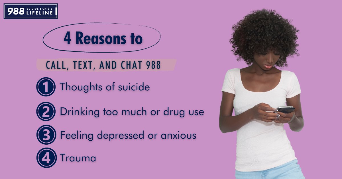 People call, text, and chat the @988Lifeline to talk about a lot of emotional needs—not just thoughts of suicide. Whatever your reason, the #988Lifeline is there to help. There is hope. Talk with us. #YouAreNotAlone
