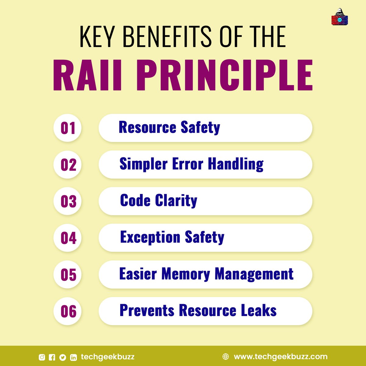 techgeekbuzz's tweet photo. Here is how the RAII principle helps write efficient C++ code 👇
#raii #cplusplus #principle #programming #programmingprinciple #benefits #efficientcoding #resourcemanagement https://t.co/8ZfPHAO5IS