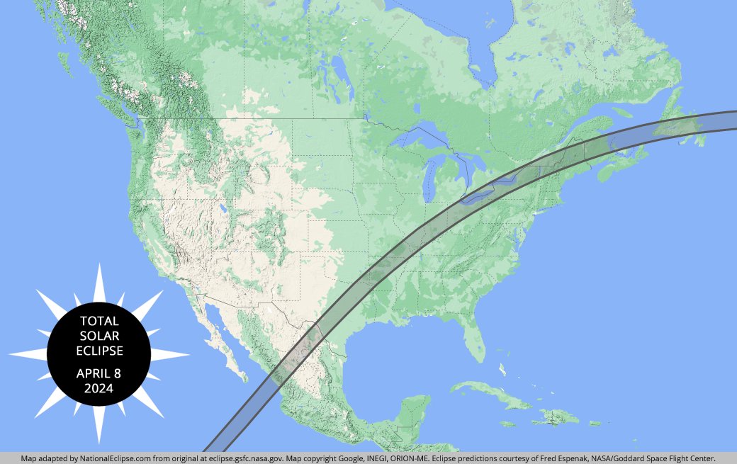 As of today, the 2024 total solar eclipse is exactly 250 days away! Are you ready? Visit NationalEclipse.com for maps, cities, overviews, eclipse glasses, and more.