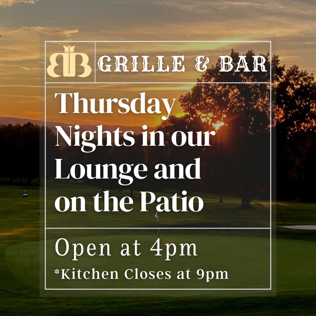 Join us on Thursday Nights this summer! ☀️
We’re offering our BB Grille &amp; Bar Menu along with Specials every Thursday Night in our Lounge and Main Bar as well as outside under the tent on the patio.  Open at 4 pm and kitchen closes at 9 pm.