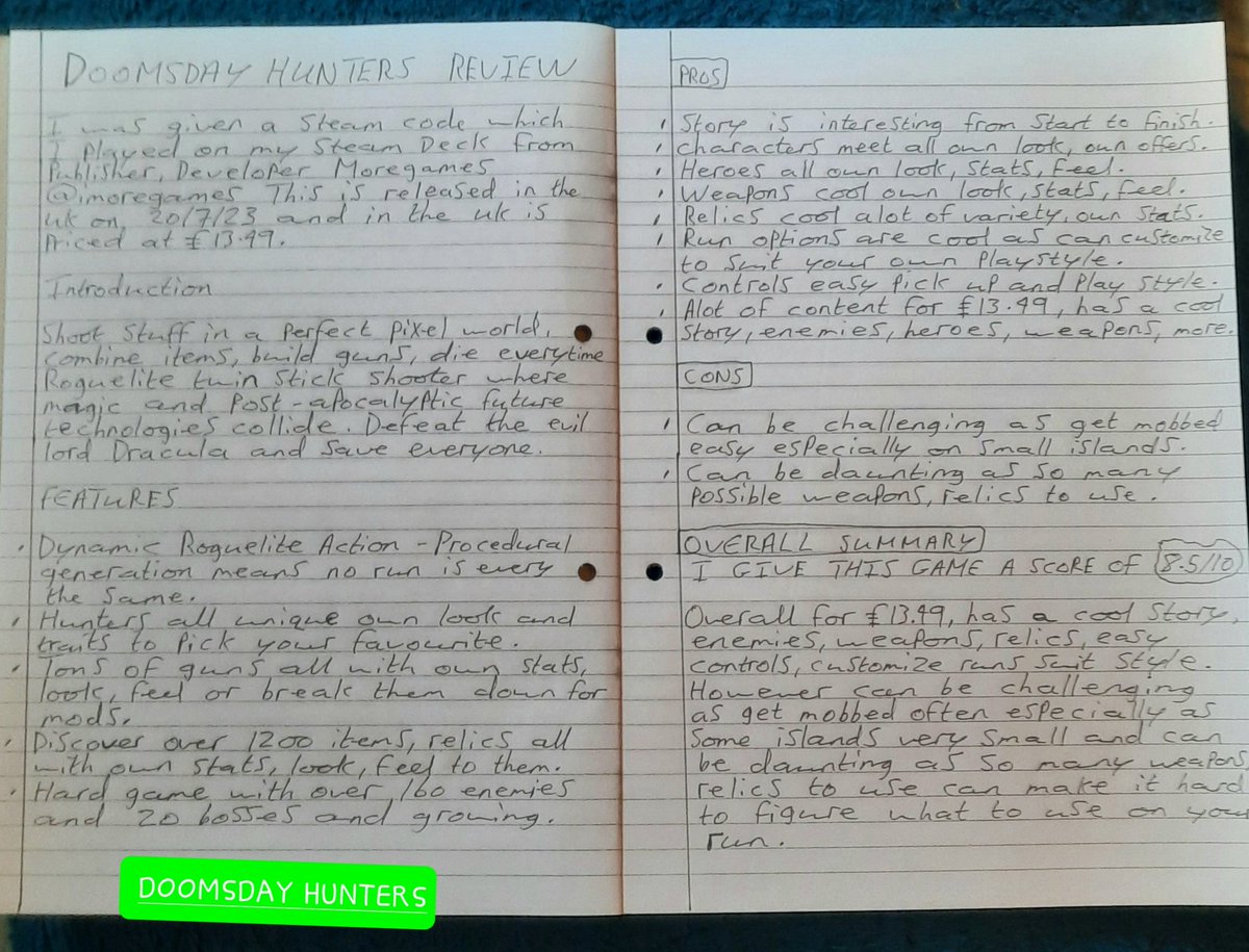 Hey everyone, please go check my review for Doomsday Hunters #SteamDeck

Code from Publisher Developer <a href="/imoregames/">🦇 Doomsday Hunters</a>

Release UK 20/7/23

Price UK £13.49

3-MINUTE VIDEO REVIEW

youtu.be/LaIA9vaBwsI

Blog for all my reviews
 garylodgegamesreview.game.blog