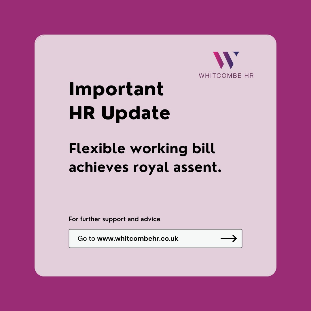 WhitcombeHR's tweet image. The Flexible Working Bill has now achieved Royal Assent.🧑‍⚖️ 

Under the new legislation, employees will be able to request changes to their working hours, times, or location from day one of employment.

We will inform you once dates have been confirmed. 

#hr #whitcombehr