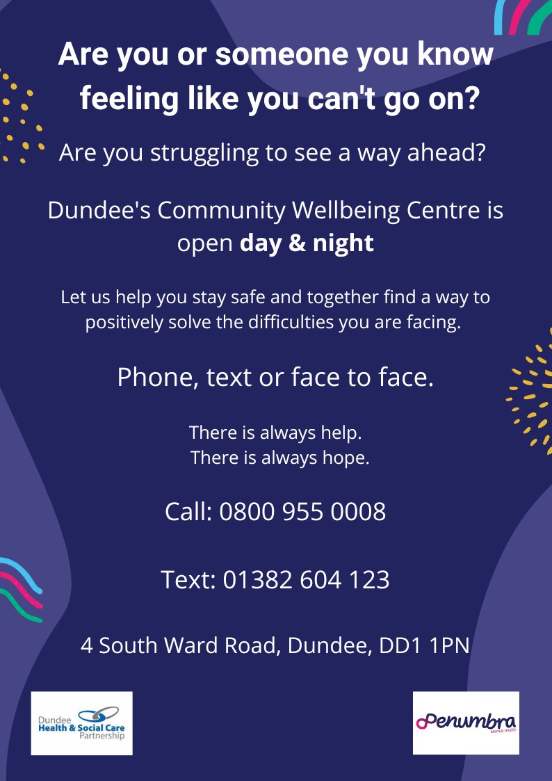 Dundee's Community Wellbeing Centre is open day and night. If you or someone you know is struggling, you can call, text or visit in-person. @penumbra_scot @AllInDundee @DundeeEmploy @DiscoverOps #mentalhealth #community