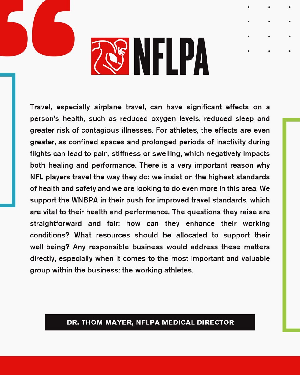 Today we celebrate #BetOnWomen Day and extend our full support to @TheWNBPA members who are fighting for improved travel standards. NFLPA Medical Director Dr. Thom Mayer shares why this is crucial for athletes: