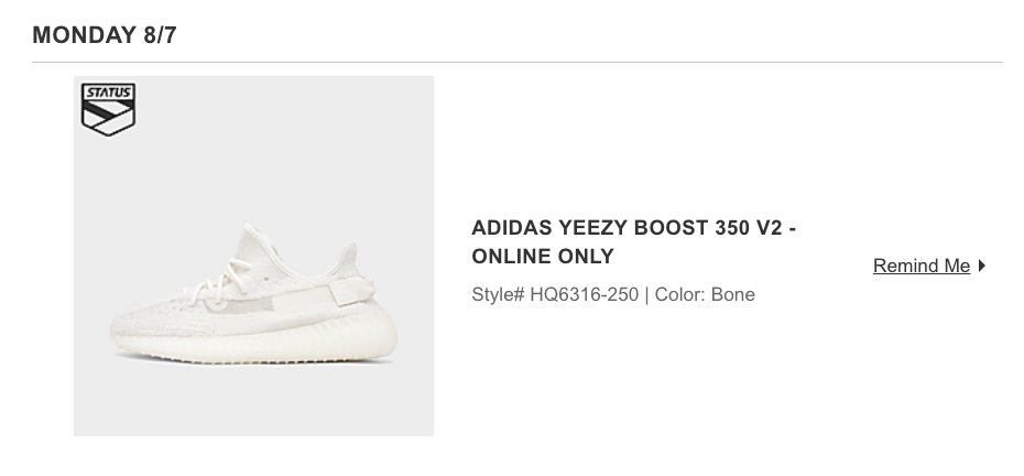 SOLELINKS's tweet photo. Ad: adidas Yeezy Boost 350 V2 'Bone' dropping August 8th via FNL &amp; JD

Calendar
Finish Line:https://t.co/U9kNa6n44m
JD Sports:https://t.co/XmJVByY5G0

h/t @wolvesofshoes https://t.co/p4RmJz0l94