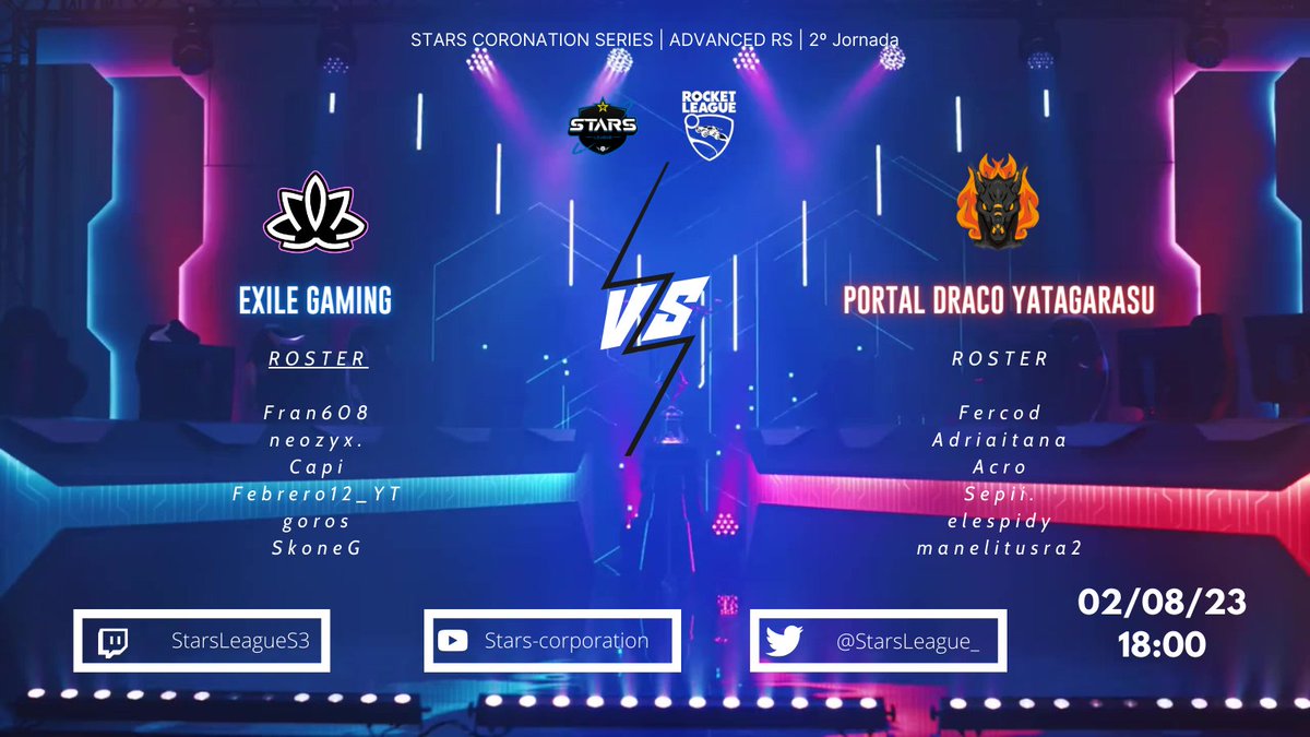 Stream hoy a las 18:00.
🆚 Exile gaming - portal Draco yatagarasu
👥 Equipos:  <a href="/PortalDraco/">Portal Draco Esports</a> <a href="/ExileGG_/">Exile Gaming</a>
🗓️ Jornada 2
🗣️ Casters: @ASD097Y y Abelito_sqxer
📺 Canal: twitch.tv/starsleagues3