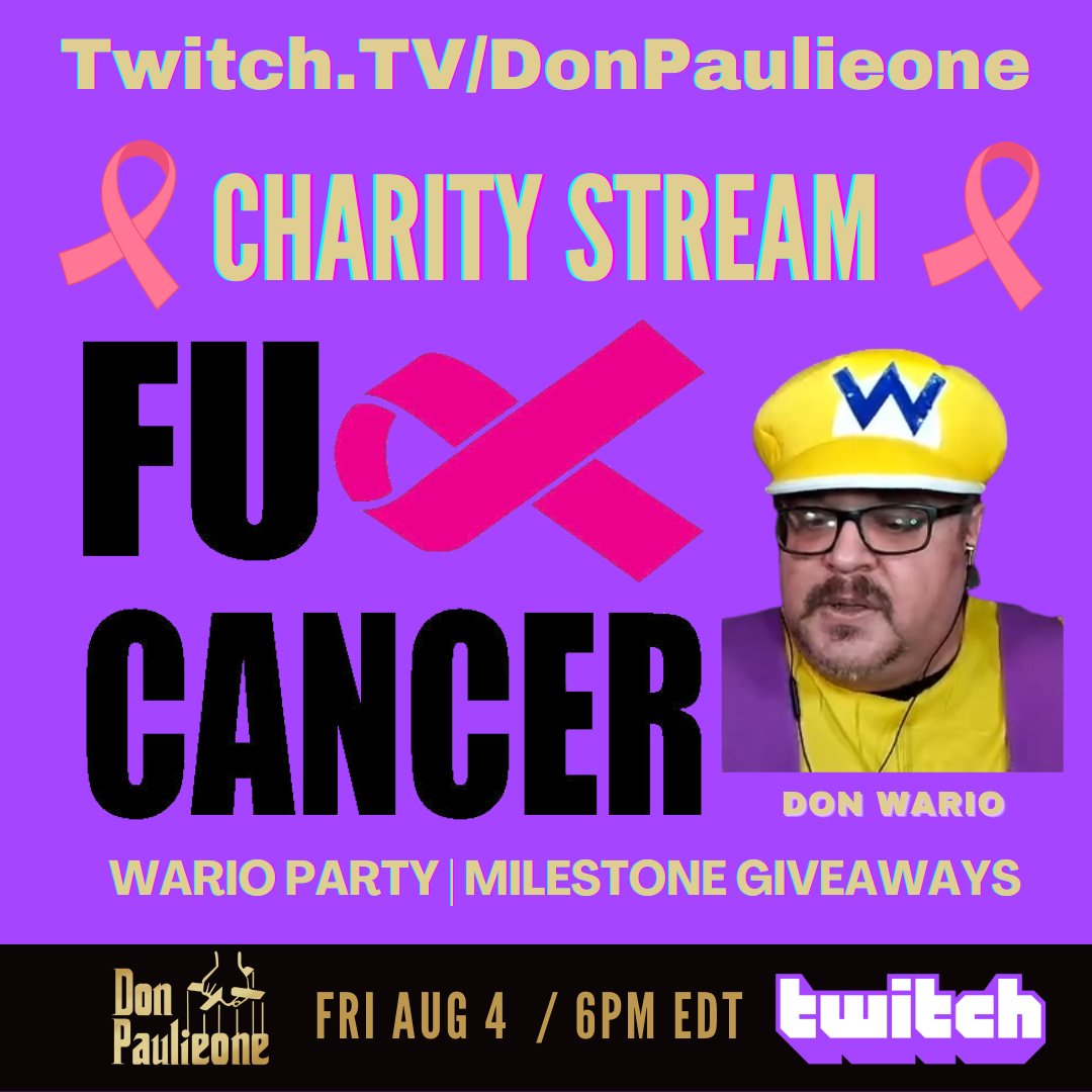 DonPaulieone (@donpaulieone) on Twitter photo Don Wario is kicking cancer's ass this Friday & invites you to join us for an early Wario Party! 6pm EDT! Supporting <a href="/letsfcancer/">Fuck Cancer</a> & organized by @sweetheartalyy.
#charity #cancer #CancerAwareness #fcancer #twitch #twitchstreamers #cosplay #MarioParty #nintendo <a href="/NintendoAmerica/">Nintendo of America</a> Don Wario is kicking cancer's ass this Friday & invites you to join us for an early Wario Party! 6pm EDT! Supporting <a href="/letsfcancer/">Fuck Cancer</a> & organized by @sweetheartalyy.
#charity #cancer #CancerAwareness #fcancer #twitch #twitchstreamers #cosplay #MarioParty #nintendo <a href="/NintendoAmerica/">Nintendo of America</a>