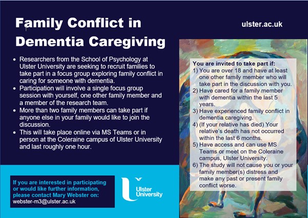 Have you provided care to a relative with dementia and experienced family conflict? 

If so, we would love for you be be involved in our study on family conflict in dementia caregiving. For further details, please see below. 

#phdresearch #participantsrequired