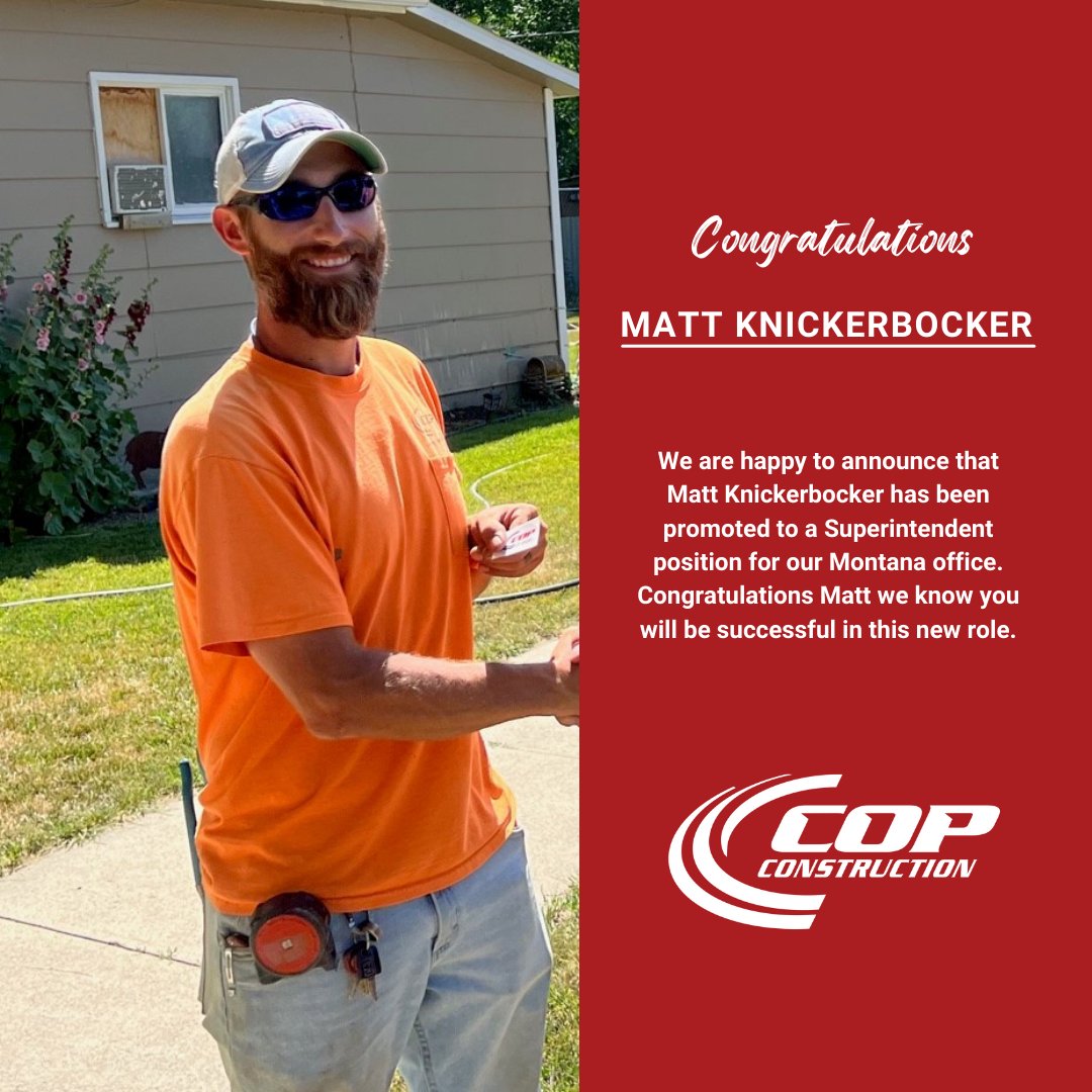 COPConstrLLC's tweet photo. Congratulations Matt!
#WeAreCOP #COPfamily #COPlife #letsbuildamericatogether #constructioncareers #careersinconstruction #nowhiring #utahjobs #montanajobs #heavyequipmentoperators #truckdrivers #skilledlaborers #constructionlaborers #engineers #LetsBuildMT #WeBuildUtah https://t.co/V9w1daZ0Vs