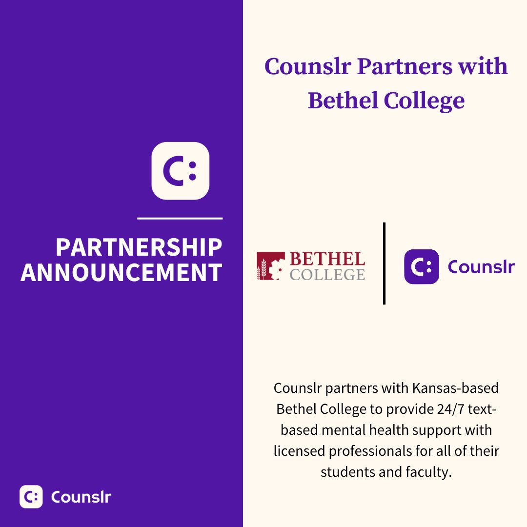 🎉We are thrilled to announce that Counslr has partnered with Bethel College in Kansas to provide round-the-clock, unlimited mental health support for both their students and faculty. 
#counslr #MentalHealthMatters #bethelcollege 

globenewswire.com/news-release/2…