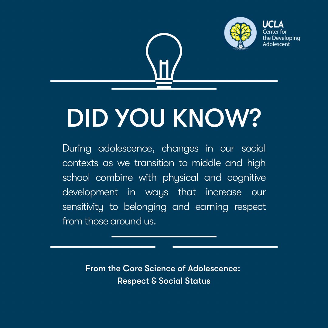 One way to positively support youth is by fostering their sense of belonging. By finding ways to channel youths’ need for belonging, respect and admiration into positive activities, adults can help them find their meaningful place in the world. Learn more: developingadolescent.semel.ucla.edu/core-science-o…